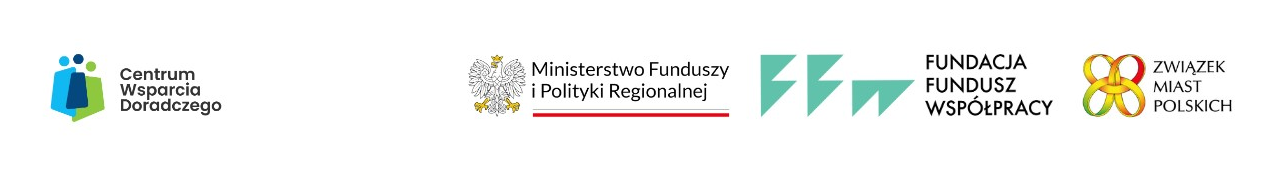 Loga:MinisterstwaFunduszy i PolitykiRegionalnej, Fundacji Fundusz Współpracy, Związek Miast Polskich