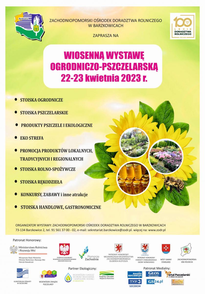 plakat opisujący co będzie się działo na wiosennej wystawie ogrodniczo -pszczelarskiej