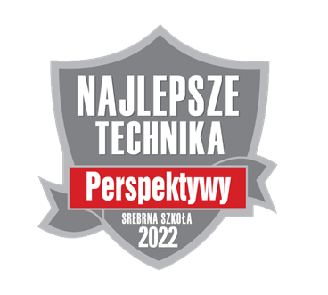 Znak szkolnej tarczy z napisem Najlepsze technika, Perspektywy, srebrna szkoła 2022